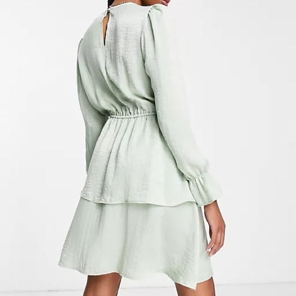 Anthropologie Flounce London Tall satin tiered mini dress in sage green - Picture 6 of 11